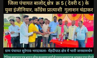 जिला पंचायत बालोद् क्षेत्र  क्र 5 ( देवरी द ) के युवा इंजीनियार. काँग्रेस प्रात्याशी  गुलाशन चंद्राकर  को  ग्राम पंचायत सुरेगाव-भरदाकला- मेंहदीपाठ क्षेत्र में भारी जनसामर्थन